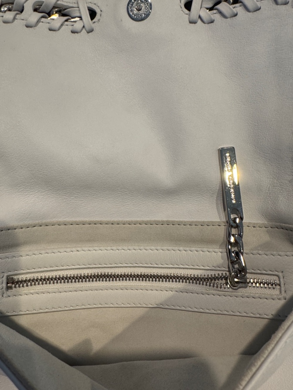 Michael Kors white leather silver woven chain snap flap clutch. New, no tag. - Picture 6 of 7